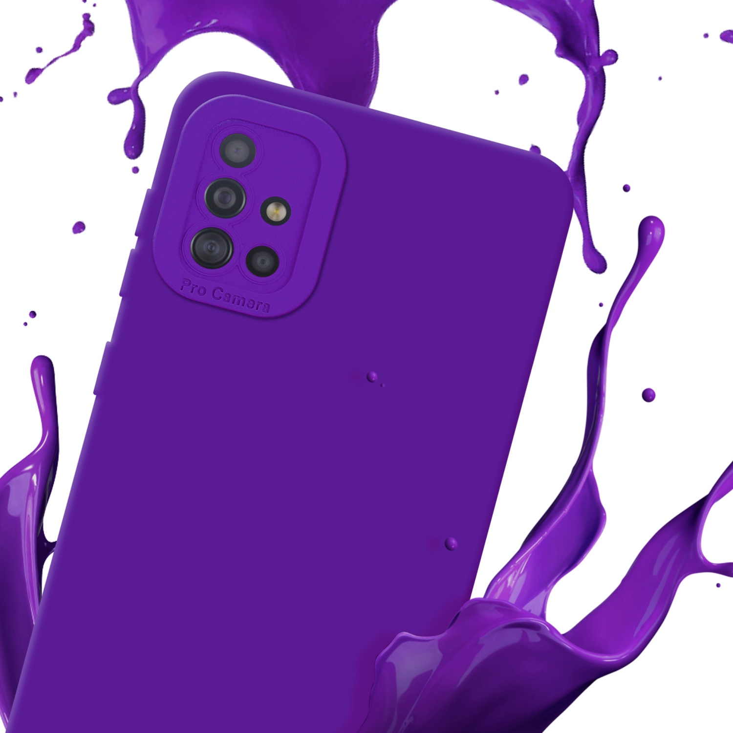 Custodia per telefono viola con effetto splash. Dettaglio fotocamera visibile. Lo sfondo è bianco.