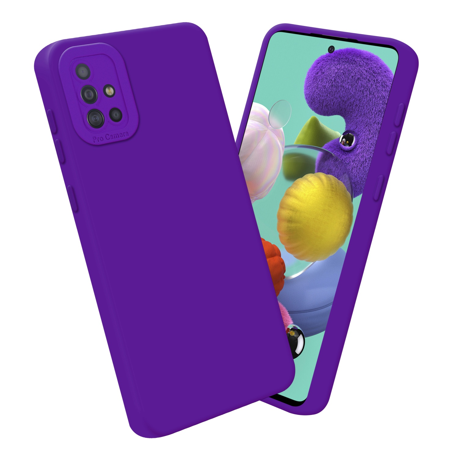 Custodia e telefono viola. Telefono con schermo e custodia viola. Sfondo bianco.
