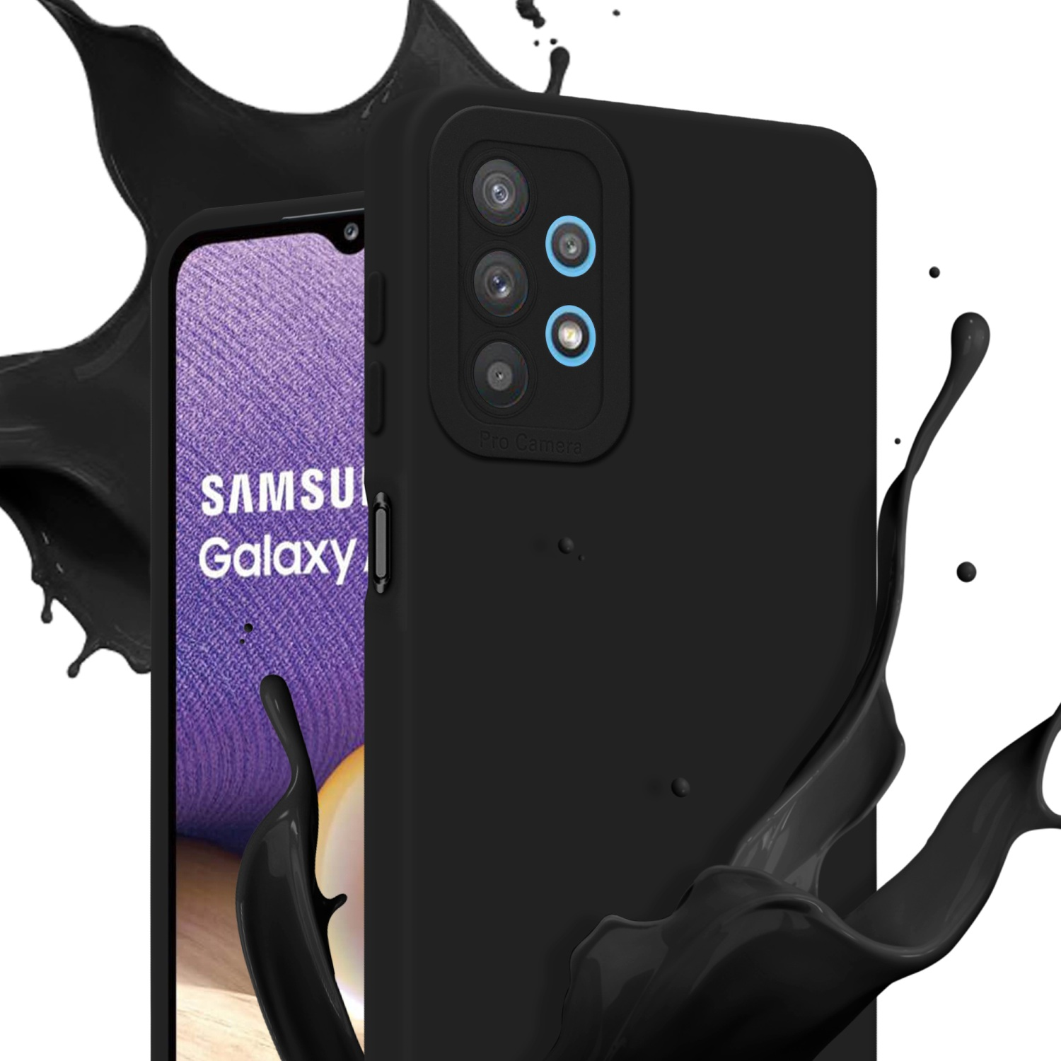 Custodia nera con schermo del telefono. Schizzo di vernice nera. Il telefono mostra la parola 'SAMSUNG'.