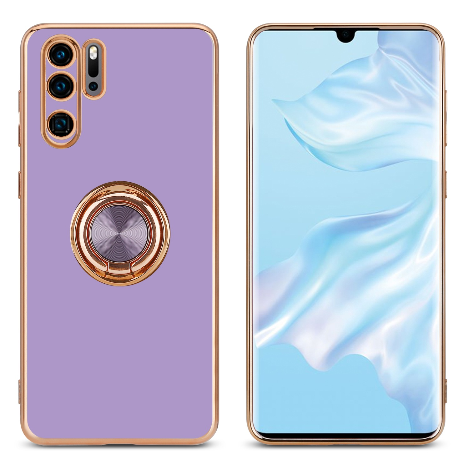 Eine lila Handyhülle mit einem goldenen Ringhalter und ein Telefon mit blauem Bildschirm daneben.