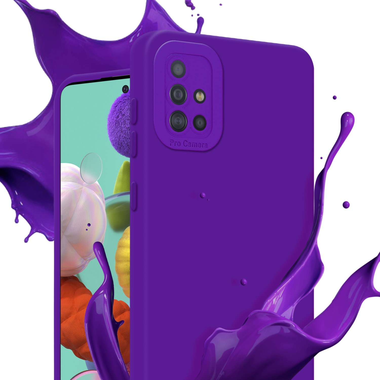 Custodia viola con schizzo di vernice, con schermo del telefono a sinistra.