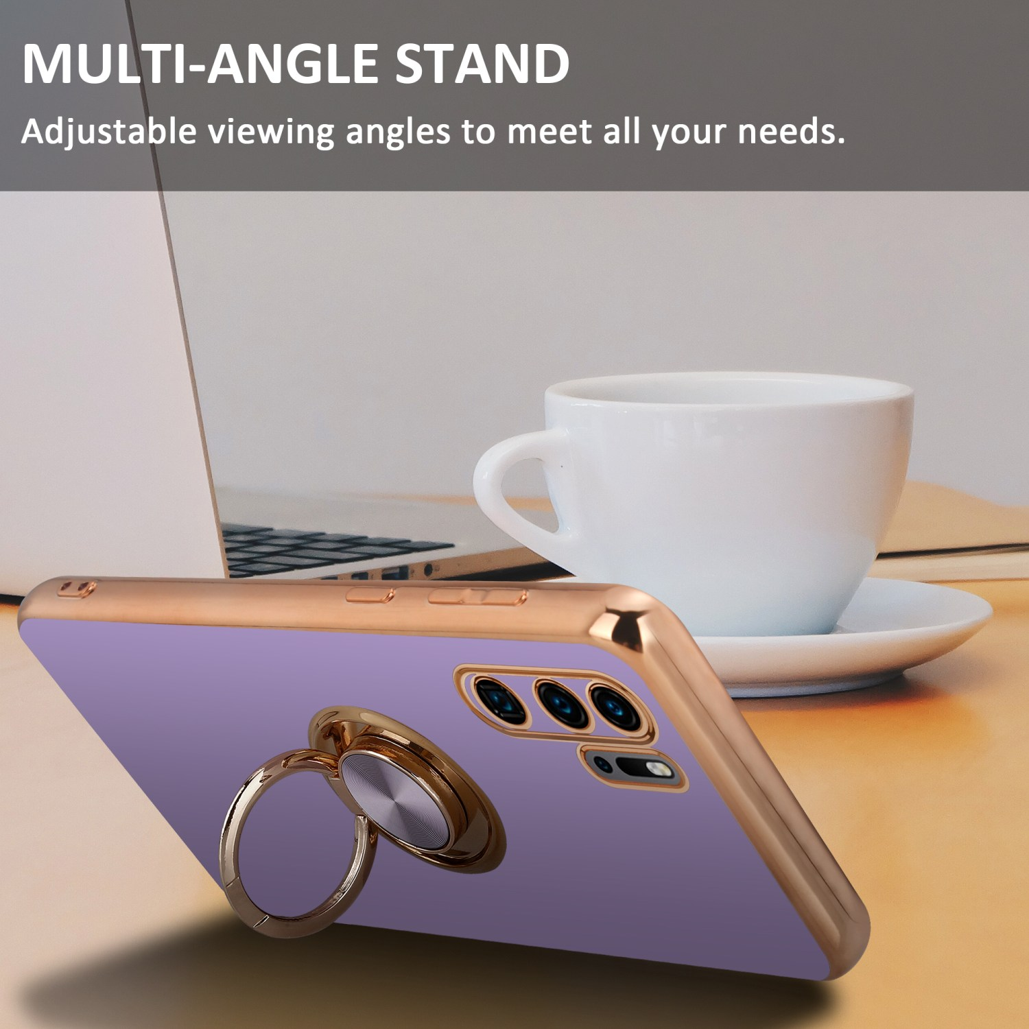 Eine Handyhülle mit Ringständer auf einem Schreibtisch neben einer Tasse und einem Laptop.