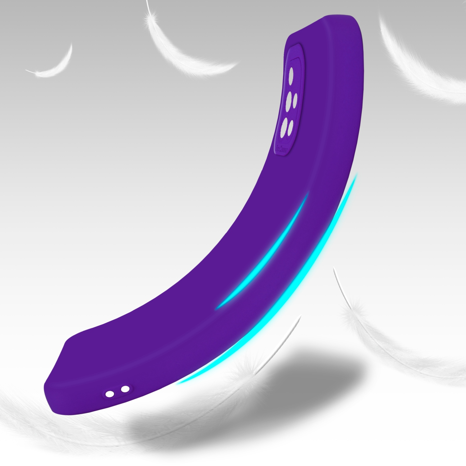 Custodia viola per telefono a forma curva con piume bianche che cadono, effetto luce blu.