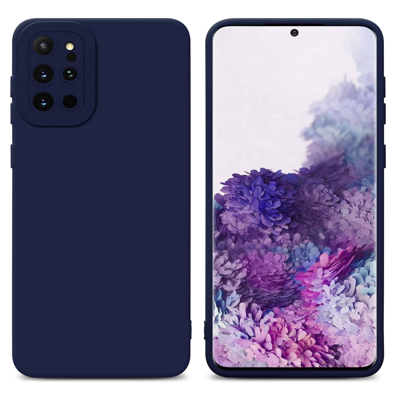Vengono mostrati due telefoni. Una custodia blu navy e un telefono con schermo bianco. Il telefono è su un tavolo.