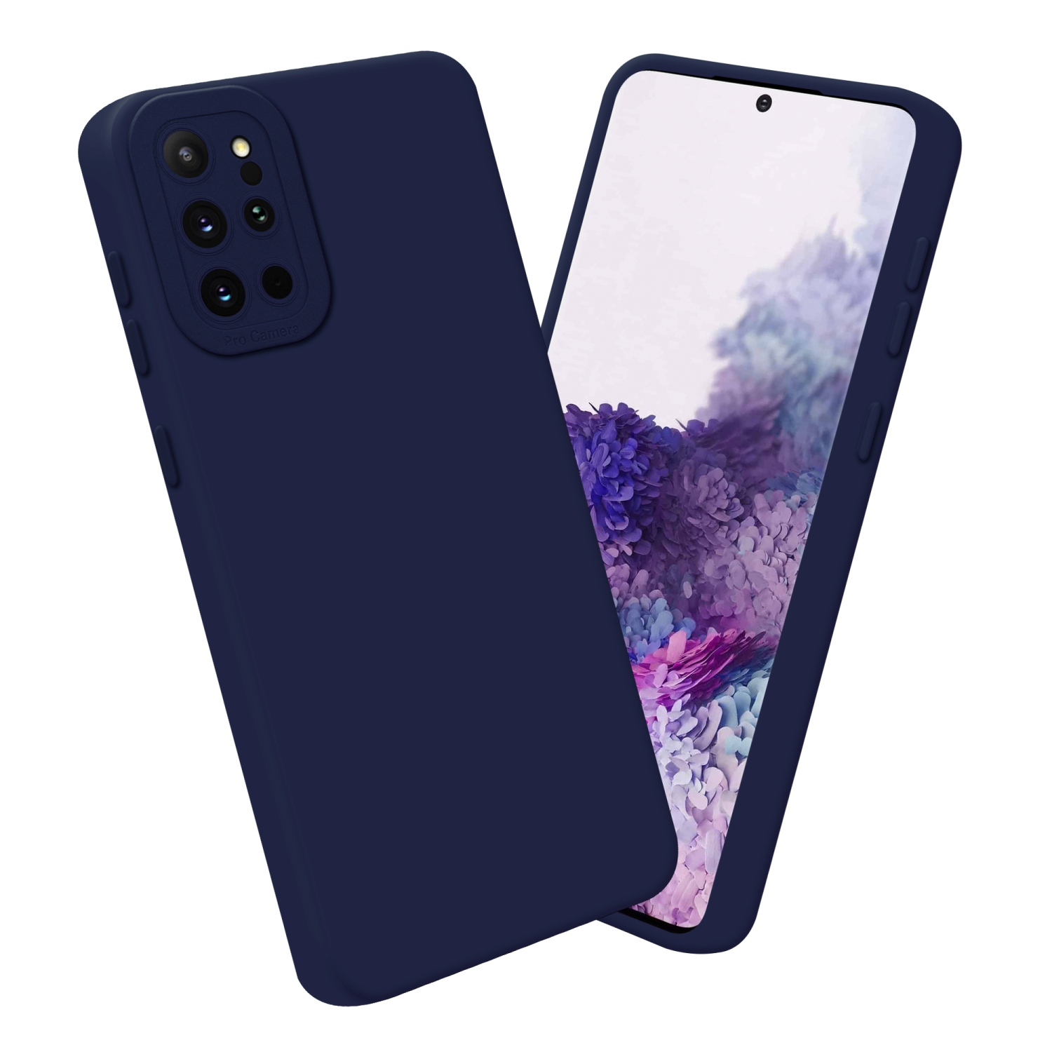 Custodia per telefono blu scuro con protuberanza della fotocamera. Telefono con schermo nella custodia. Sfondo bianco.