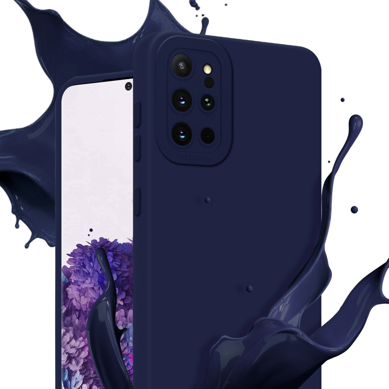 Custodia per telefono blu scuro con rialzo della fotocamera. Schizzo di vernice blu scuro dietro il telefono. Il telefono è su sfondo bianco.