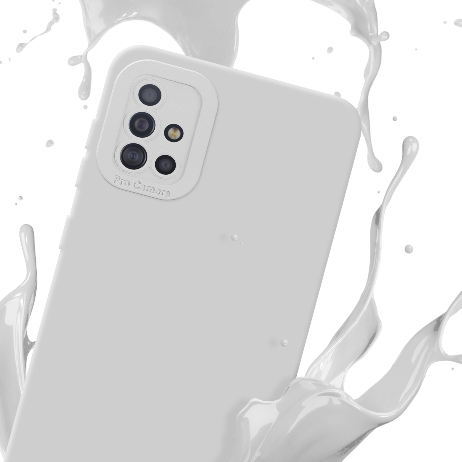 Coque de téléphone blanche avec éclaboussures de peinture blanche. Fond blanc.