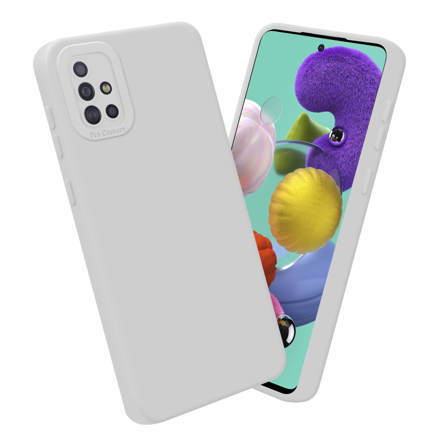 Une coque de téléphone blanche, avec une autre coque de téléphone. L'écran d'un téléphone affiche des images abstraites colorées.