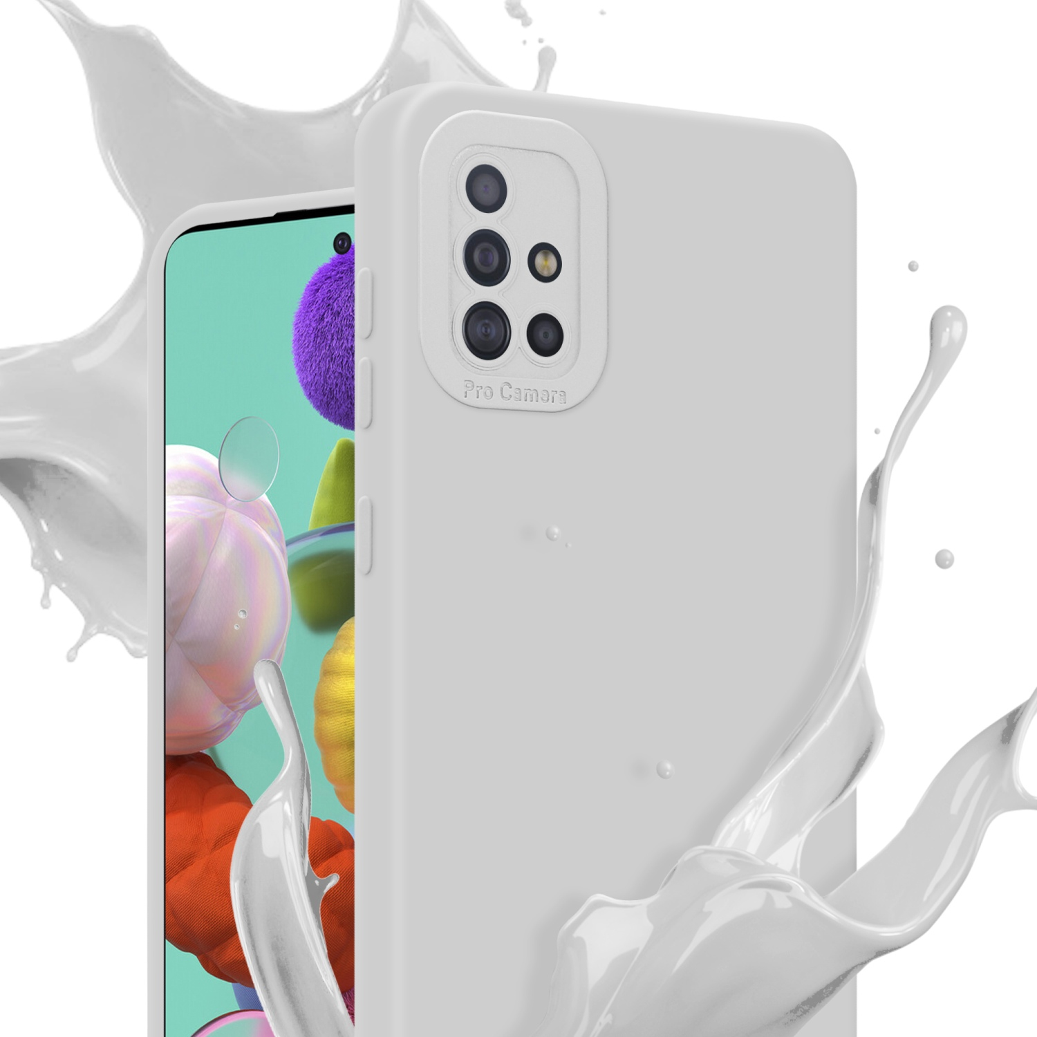 Coque de téléphone blanche avec un écran de téléphone affichant une image, éclaboussure de peinture blanche.
