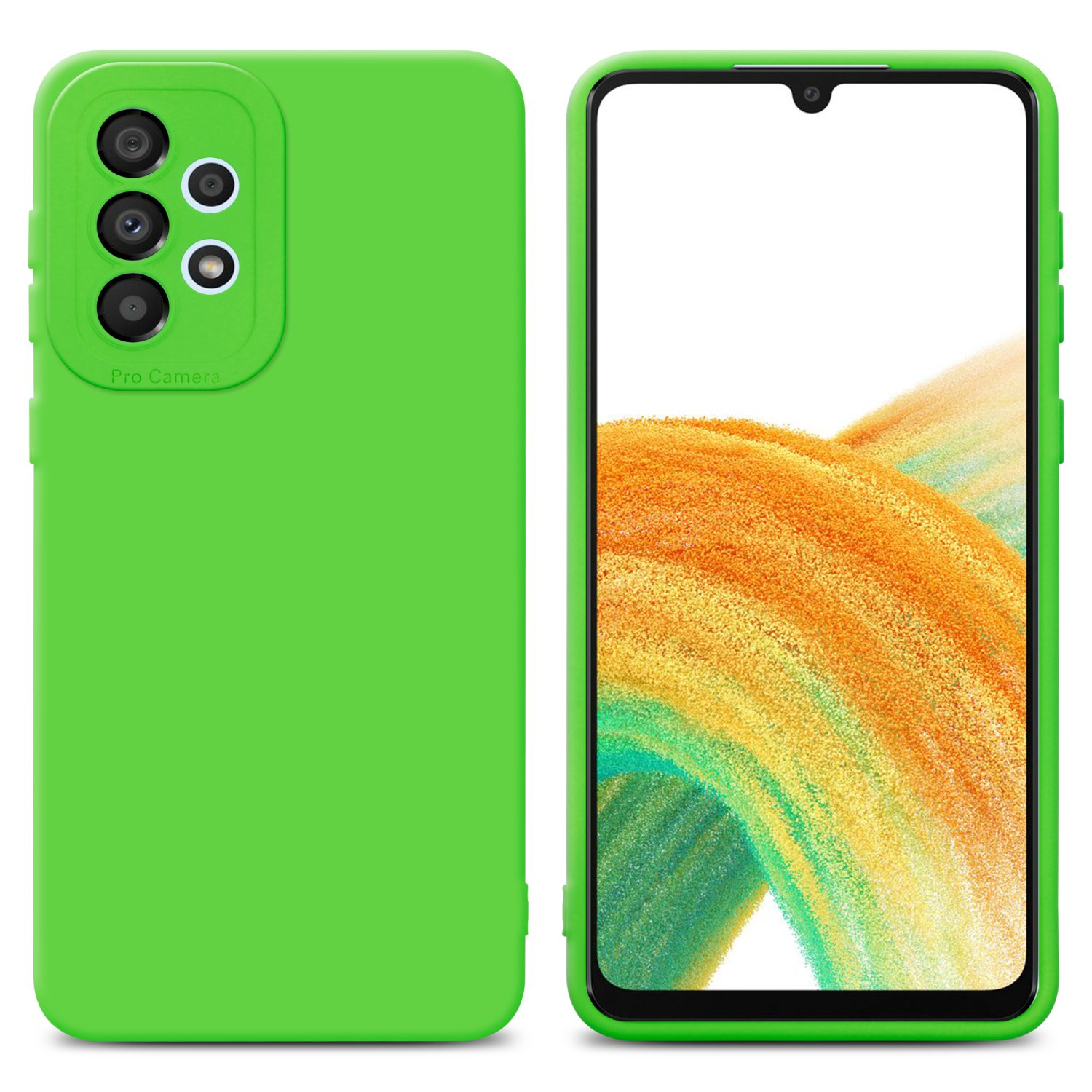 Custodia per telefono verde e telefono uno accanto all'altro, con schermo colorato a motivi.