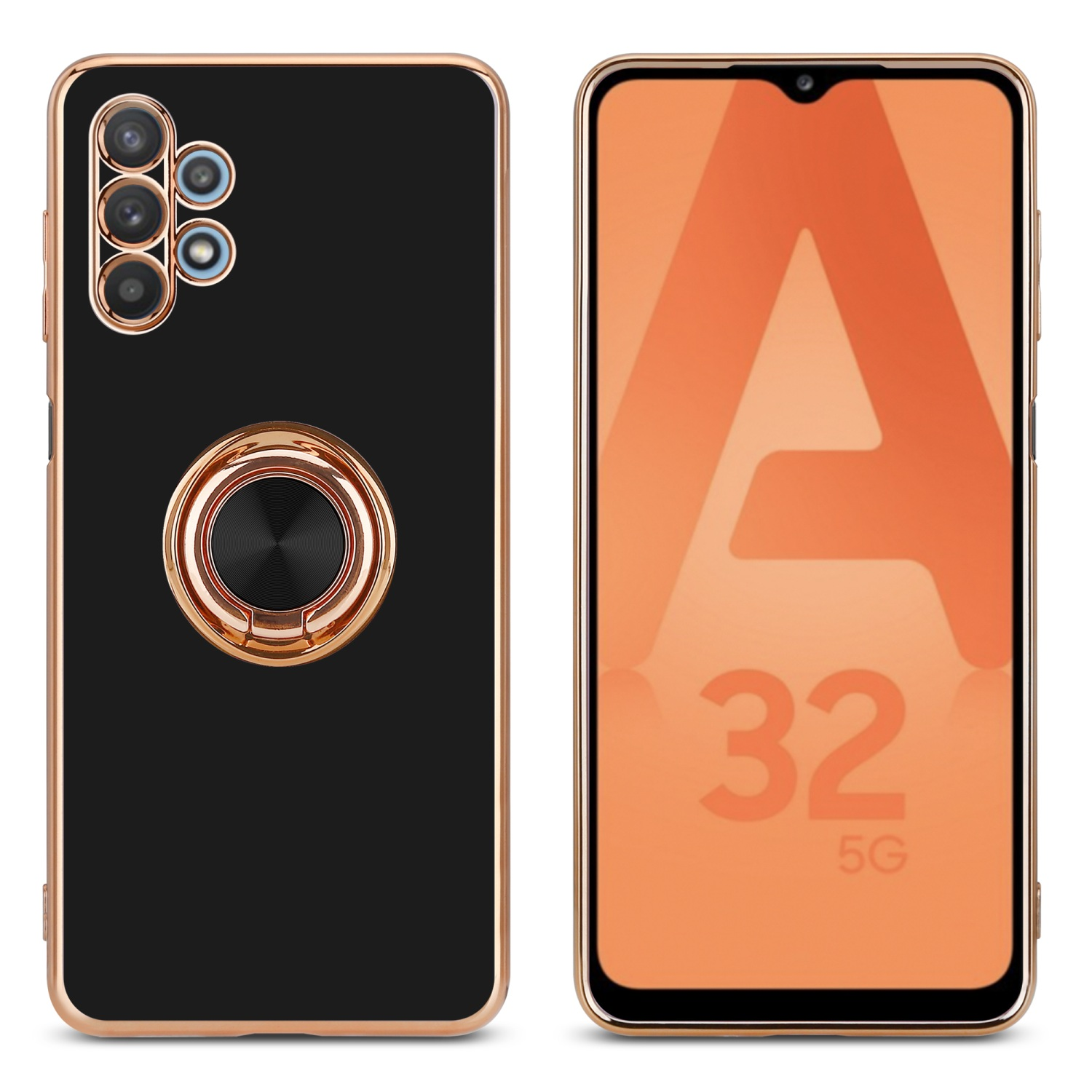 Custodia per telefono e telefono. Il telefono mostra il logo A32 5G.