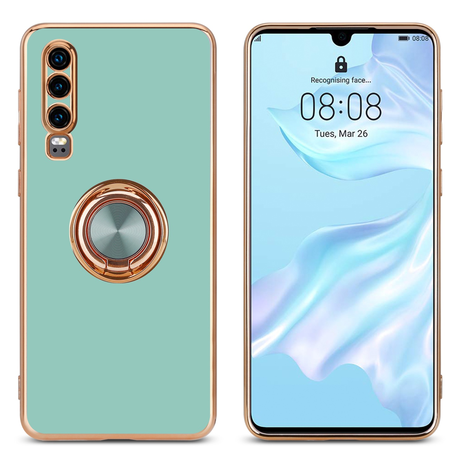 Deux téléphones : un dans un étui menthe avec support de bague, l'autre affichant l'heure.