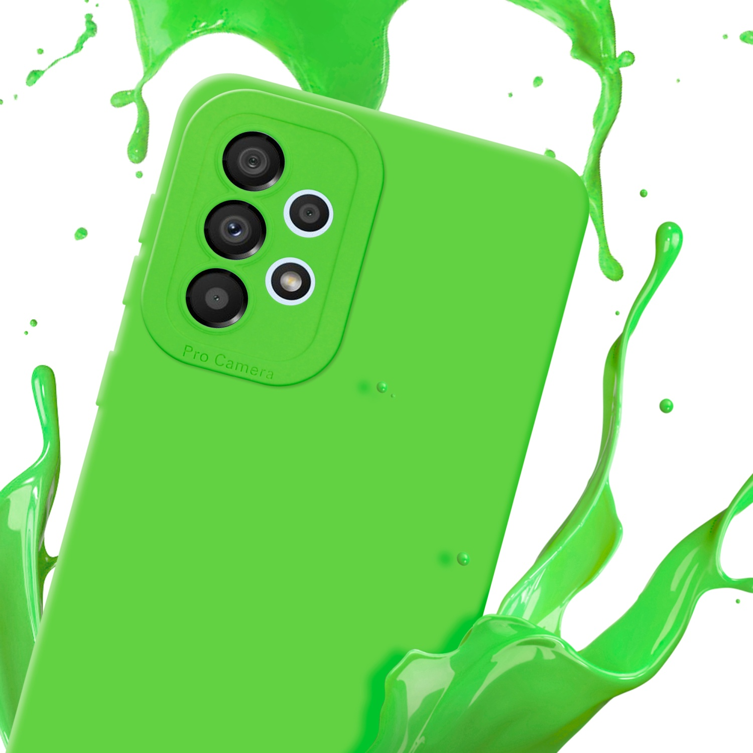 Una custodia verde con uno spruzzo di liquido verde. La custodia ha un design pro camera.