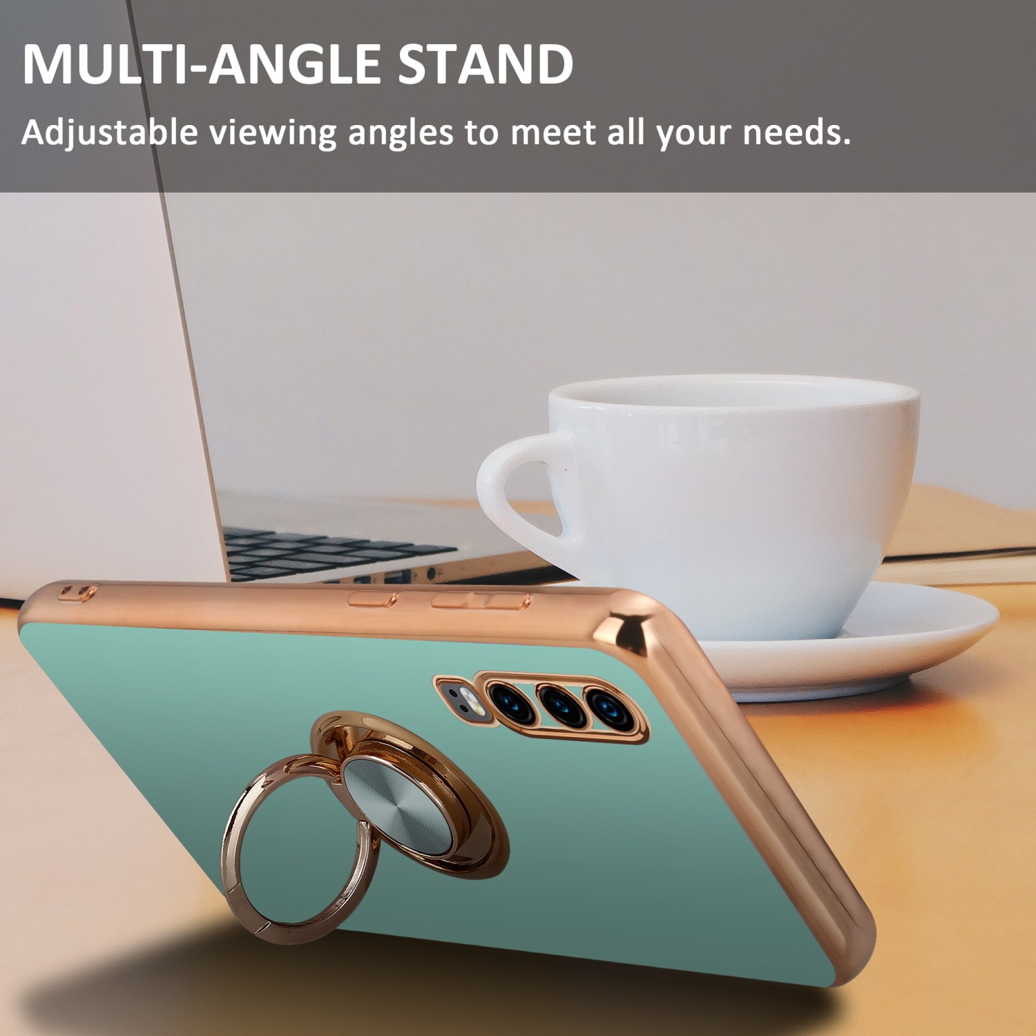 Téléphone avec dos vert d'eau et cadre doré posé avec un support à anneau sur un bureau. Tasse et ordinateur.