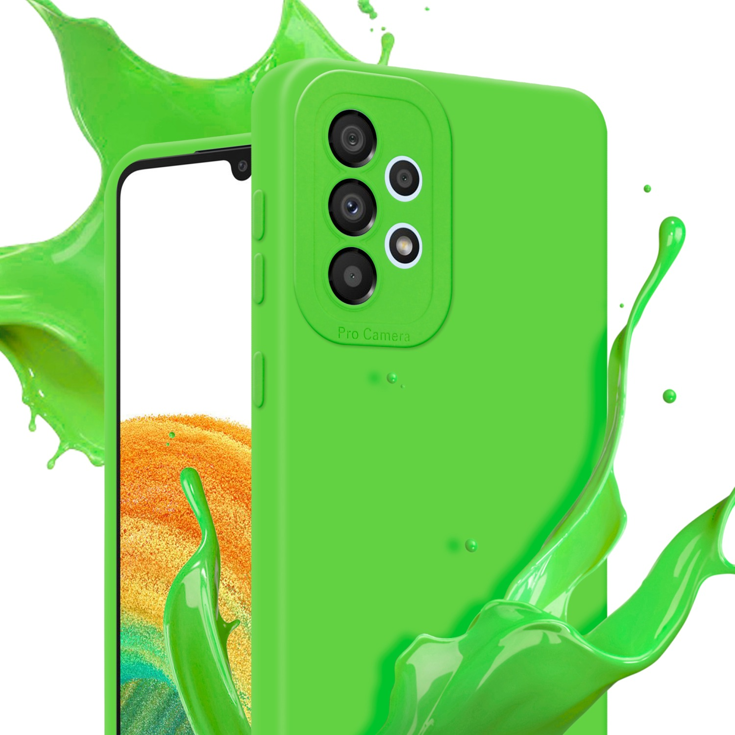 Custodia verde per telefono con tre lenti della fotocamera, con effetto schizzo di vernice verde.