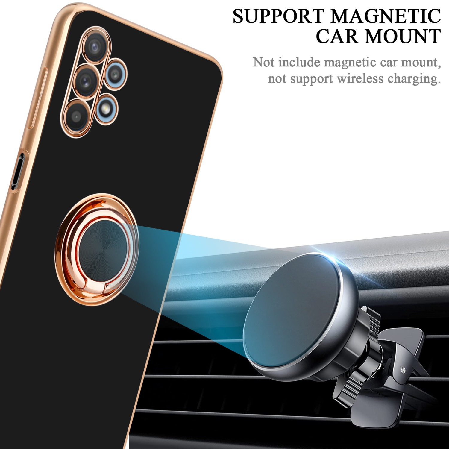 Custodia per telefono nera con bordi dorati e anello di supporto. Supporto magnetico per auto sullo sfondo.