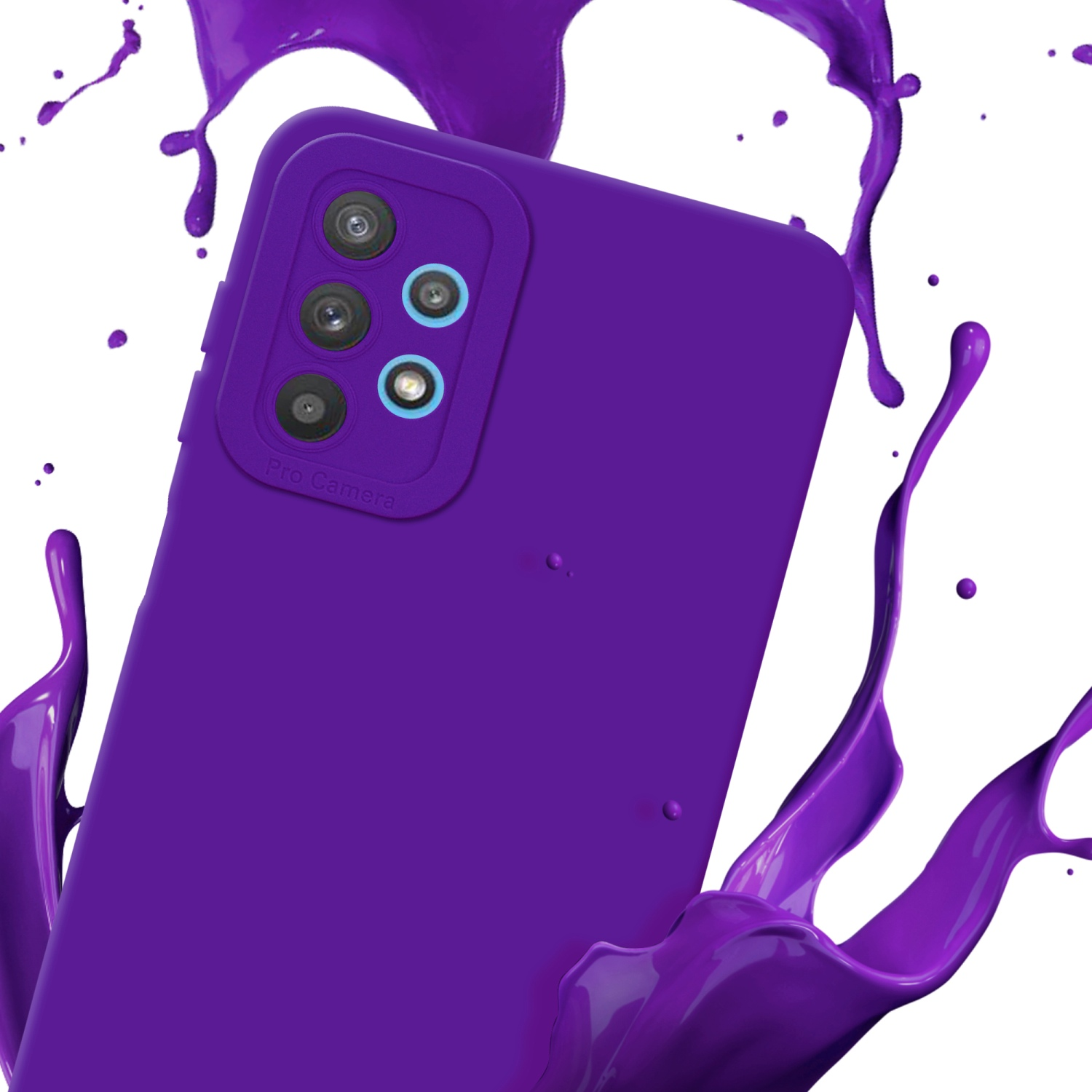 Custodia viola con schizzo di vernice viola, sfondo bianco. Scritto Pro camera.