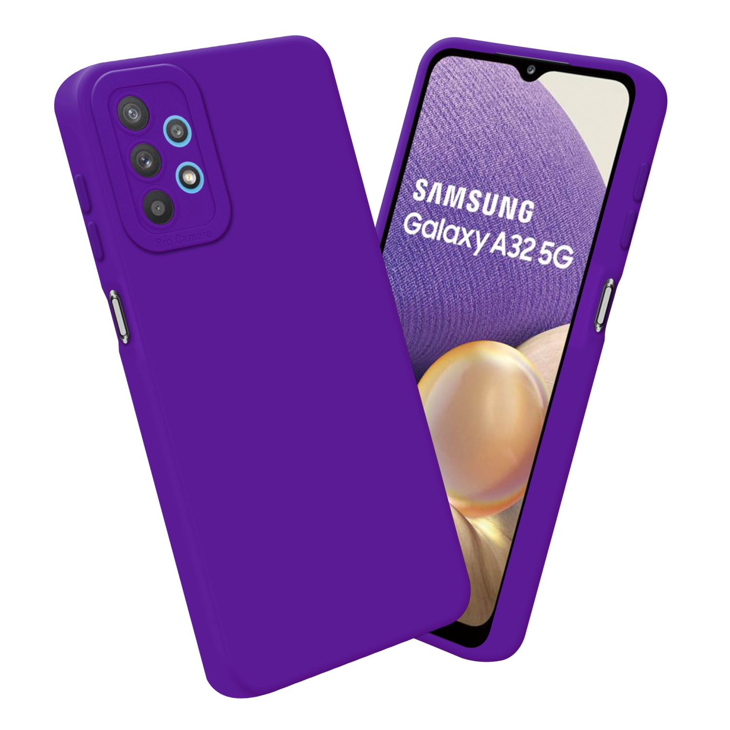 Due custodie per telefono viola. Una con il telefono, che mostra Samsung Galaxy A32 5G.