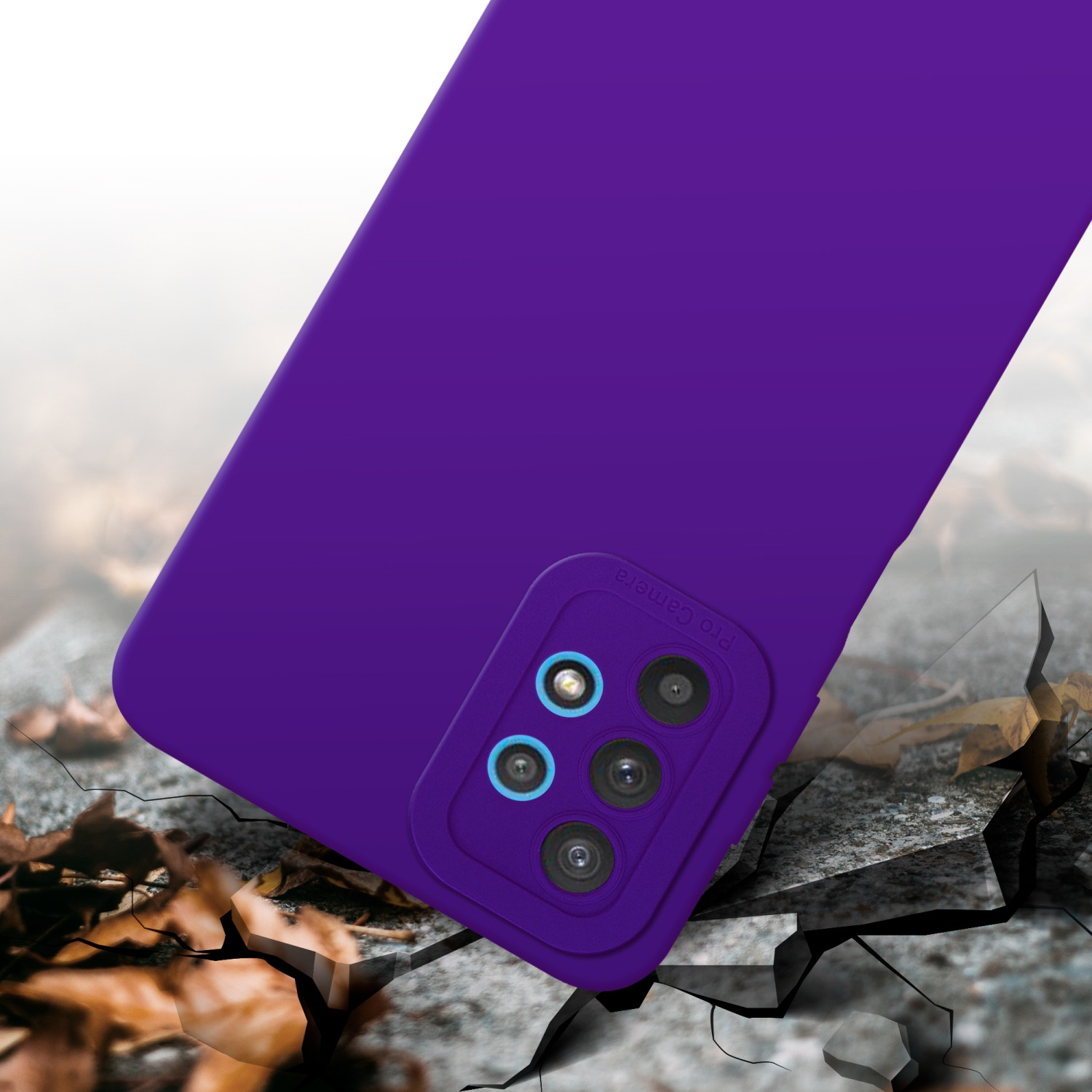 Custodia viola con quattro obiettivi, posizionata su una superficie che sembra incrinata.