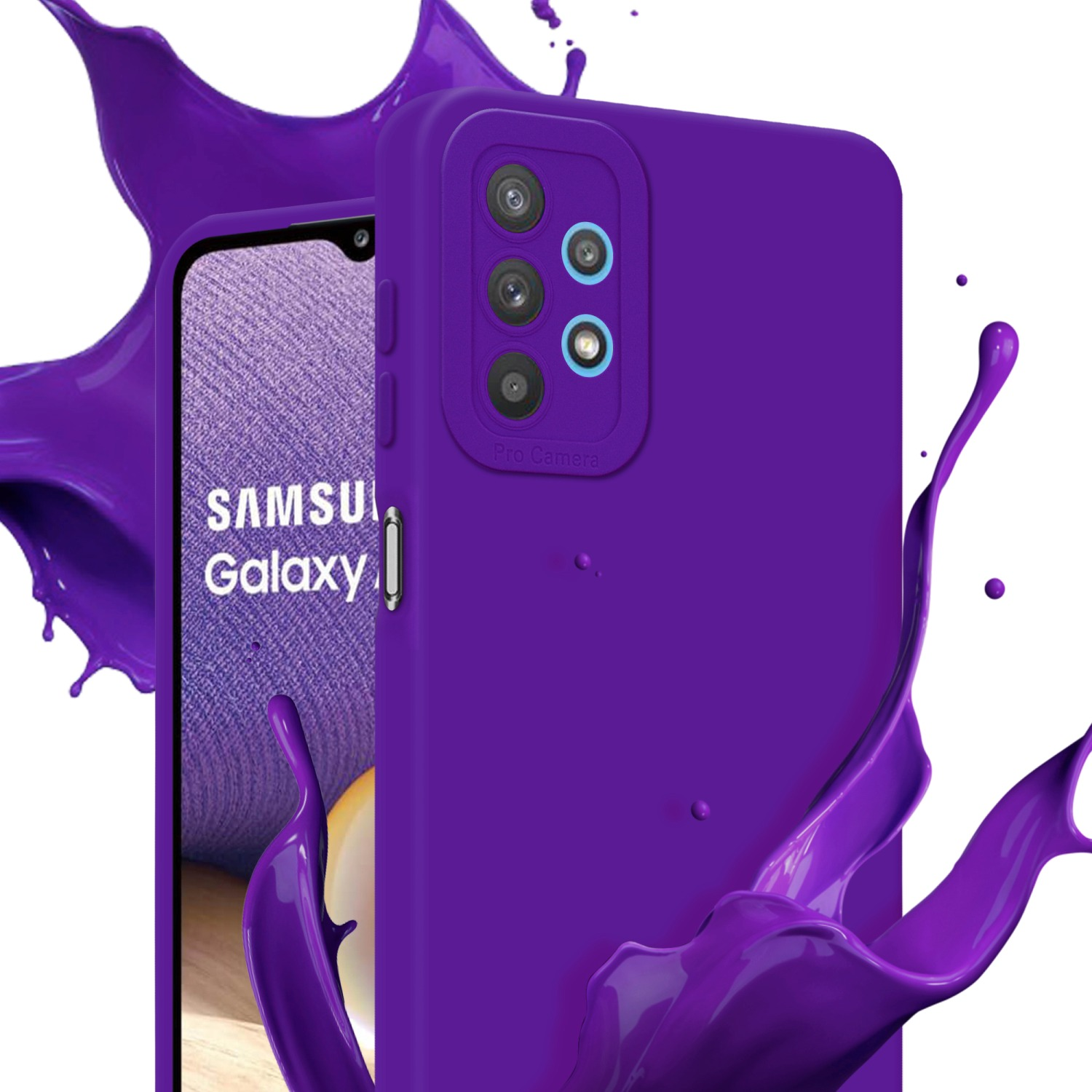 Una custodia viola con schermo del telefono e schizzi di vernice.