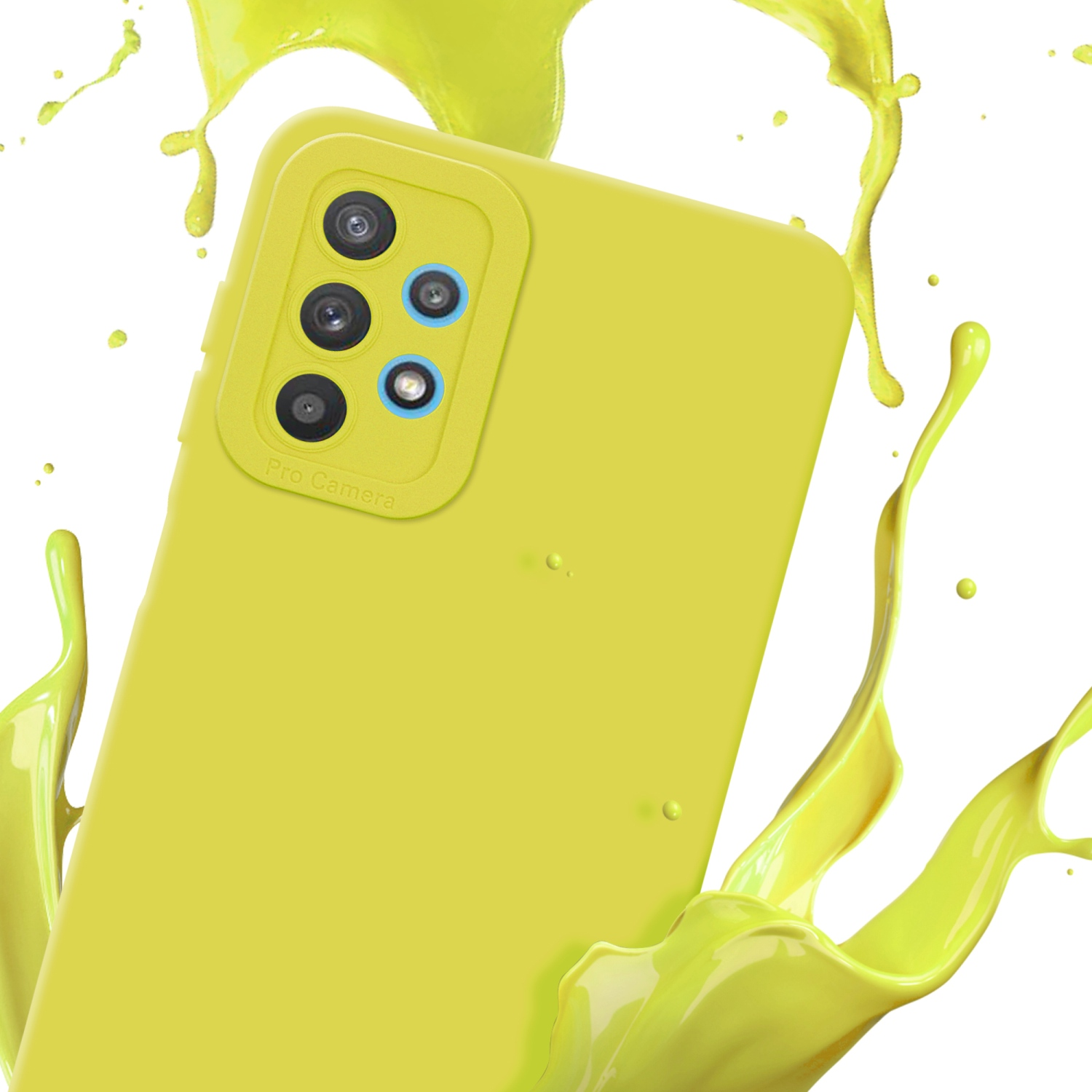 Una custodia gialla per telefono con protuberanza della fotocamera, liquido giallo schizzato su sfondo bianco.
