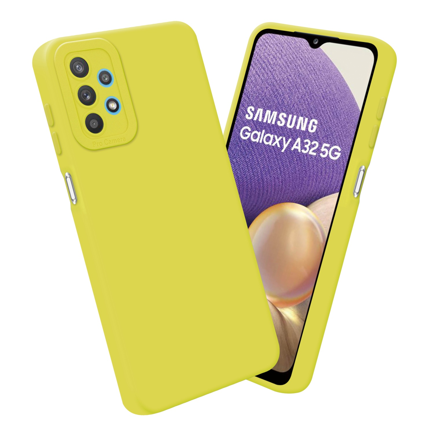 Una custodia e un telefono gialli. Il telefono mostra uno schermo con la scritta 'SAMSUNG Galaxy A32 5G'.