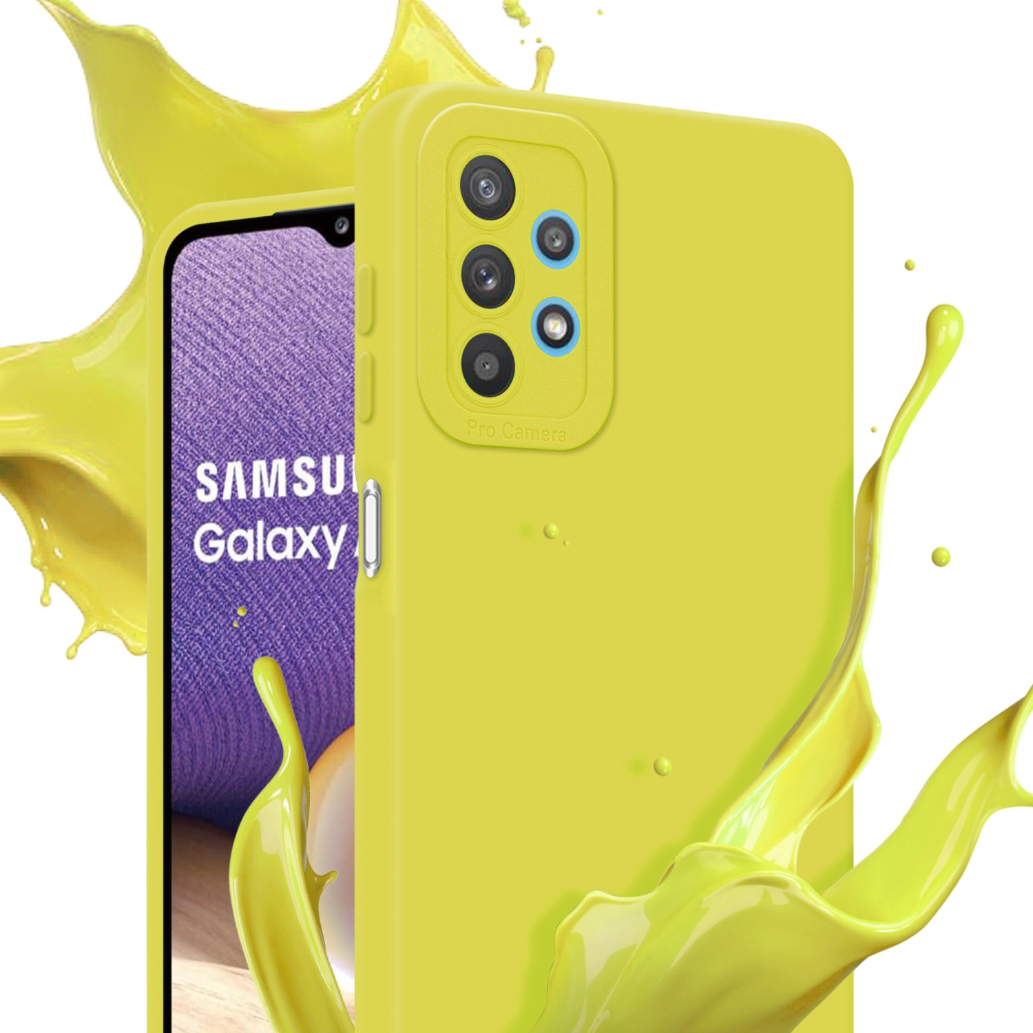 Custodia gialla con telefono. Effetto spruzzo di vernice gialla. Sfondo bianco.