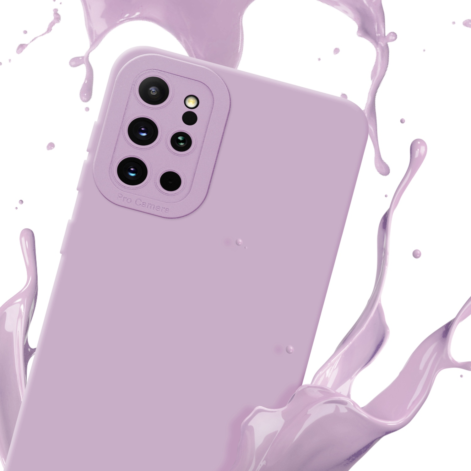 Coque de téléphone lilas avec éclaboussure de peinture autour de la caméra sur fond blanc.