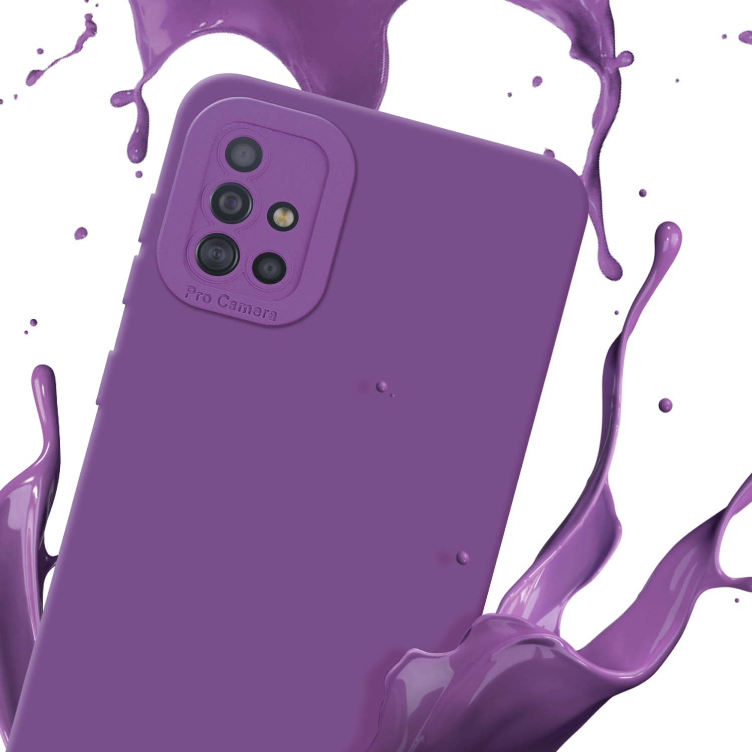 Coque de téléphone violette avec éclaboussures de peinture. Fond blanc.