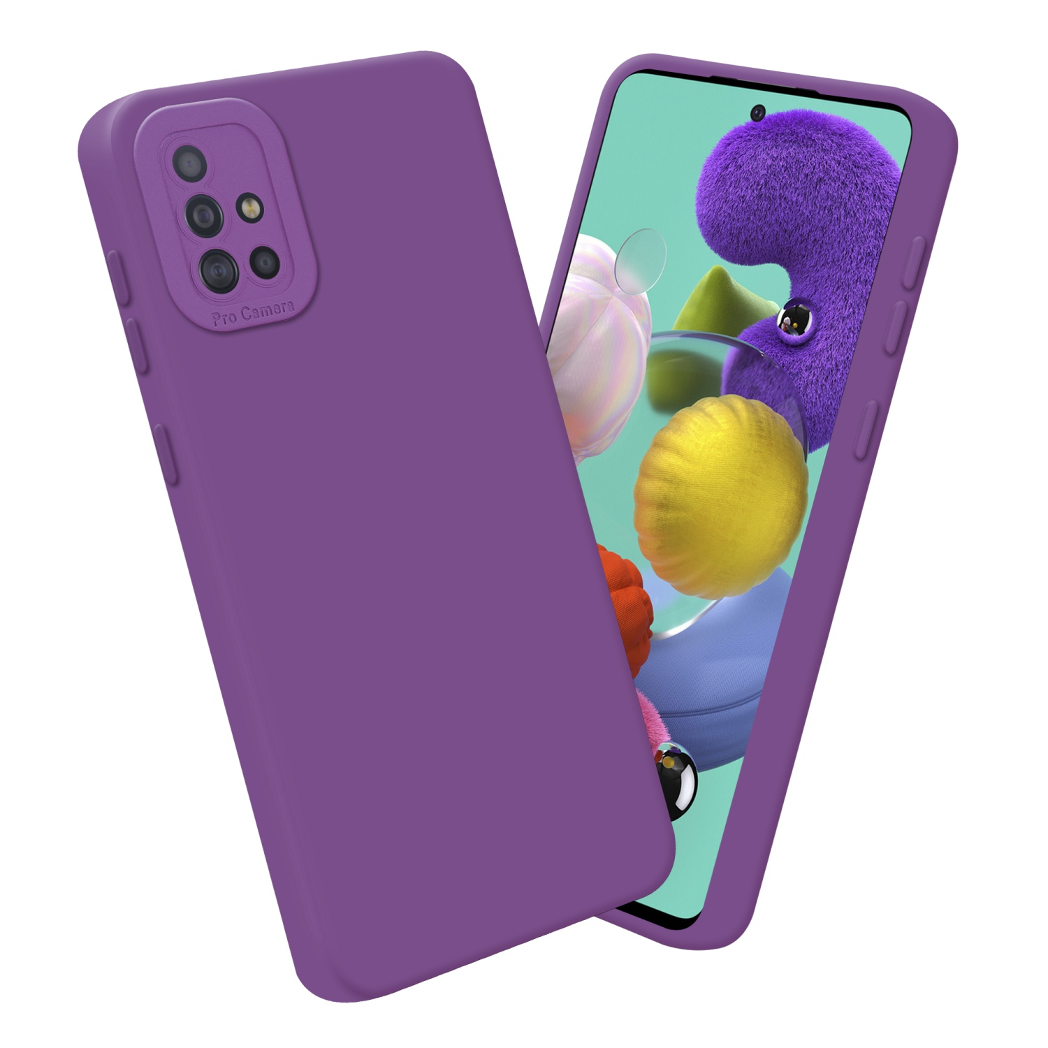 Coque de téléphone violette avec écran visible et module caméra.