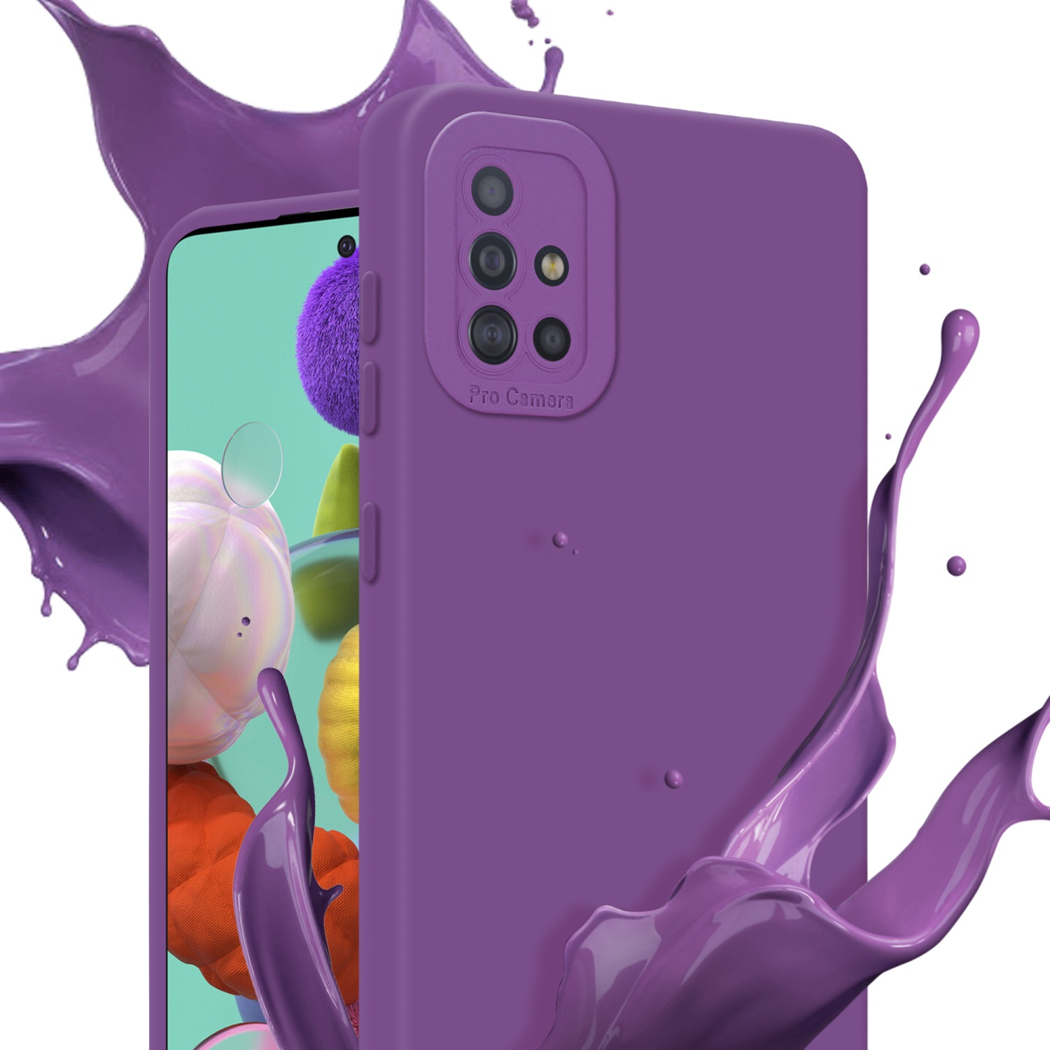 Coque de téléphone violette avec bosse pour appareil photo, avec éclaboussures de peinture sur le côté.