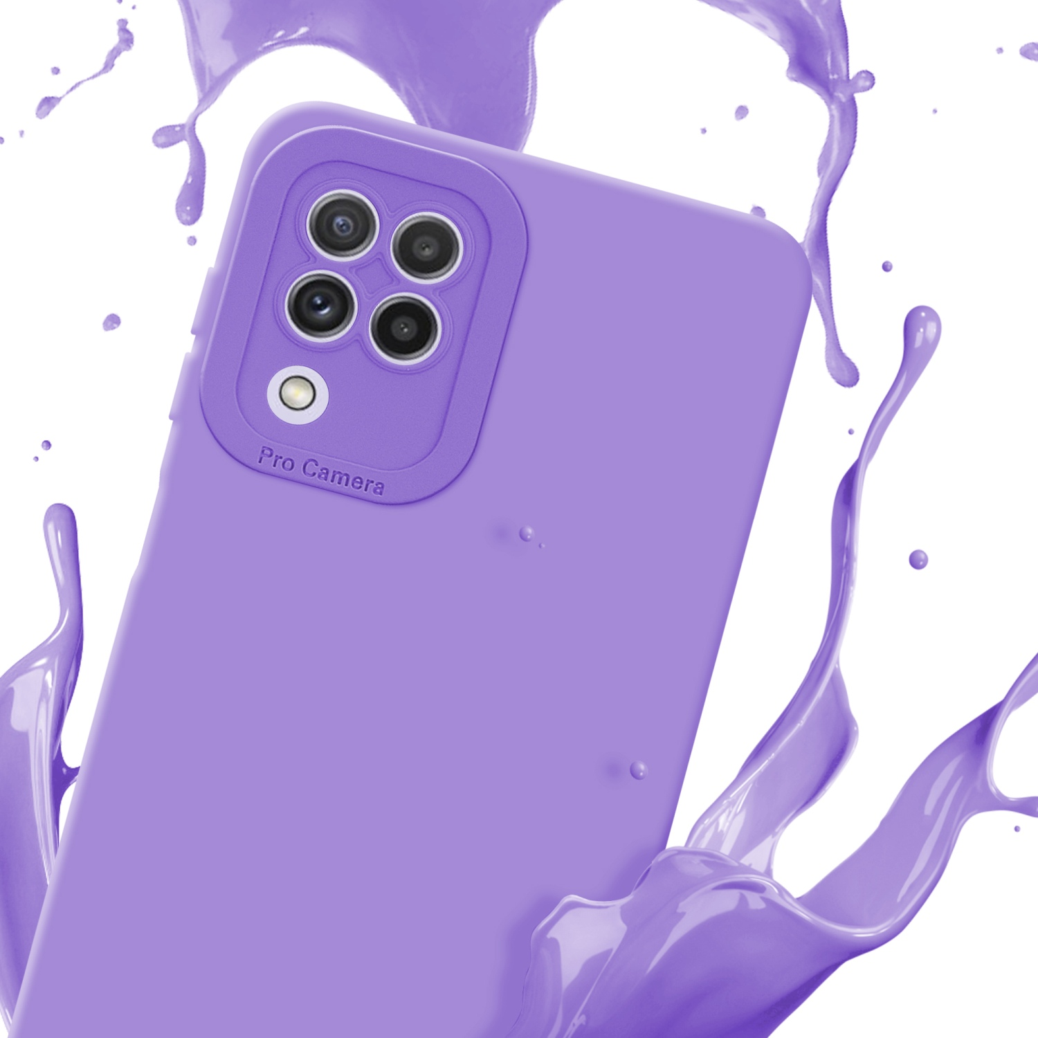 Custodia per telefono viola con schizzo di vernice viola. Sfondo bianco.