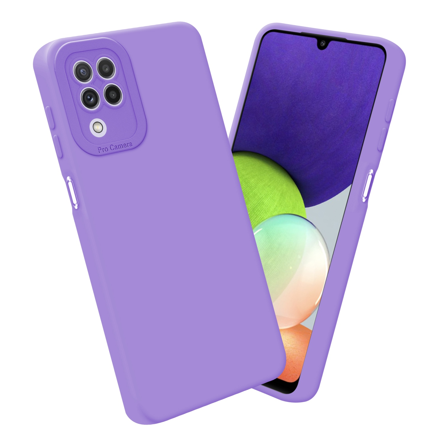 Custodia viola e un telefono. Pro camera. Sfondo bianco. Il telefono ha uno schermo.