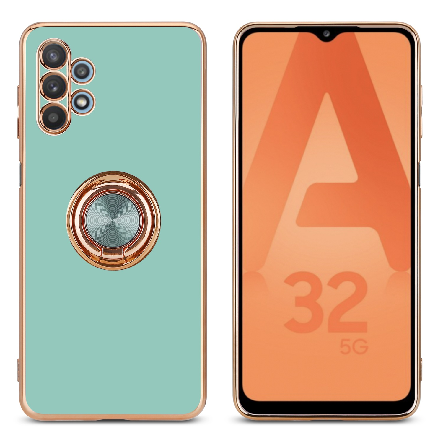 Due telefoni, uno con custodia verde chiaro e anello dorato, l'altro con schermo arancione.