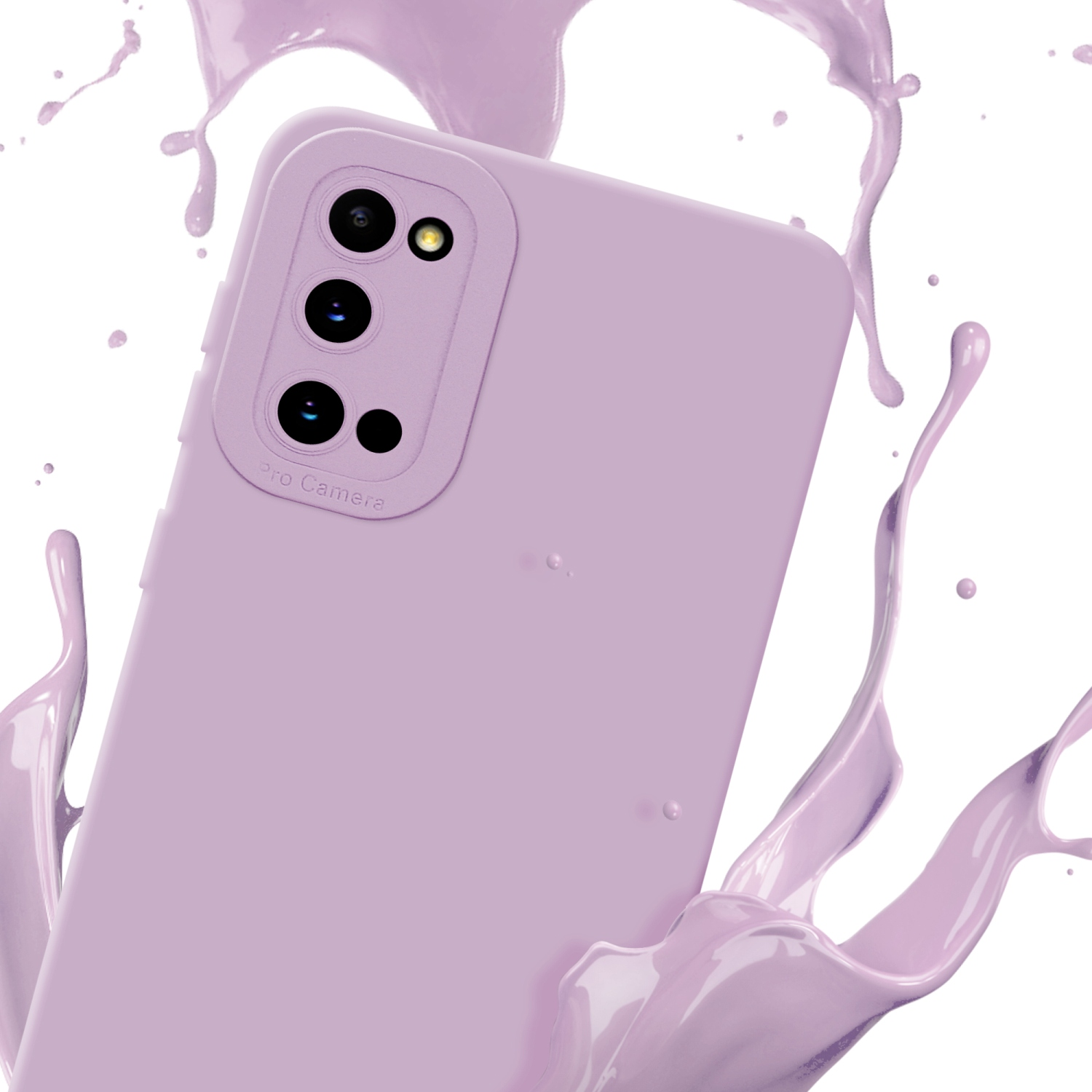 Custodia viola per telefono con spruzzi di liquido viola. Pro Camera è scritto sopra.