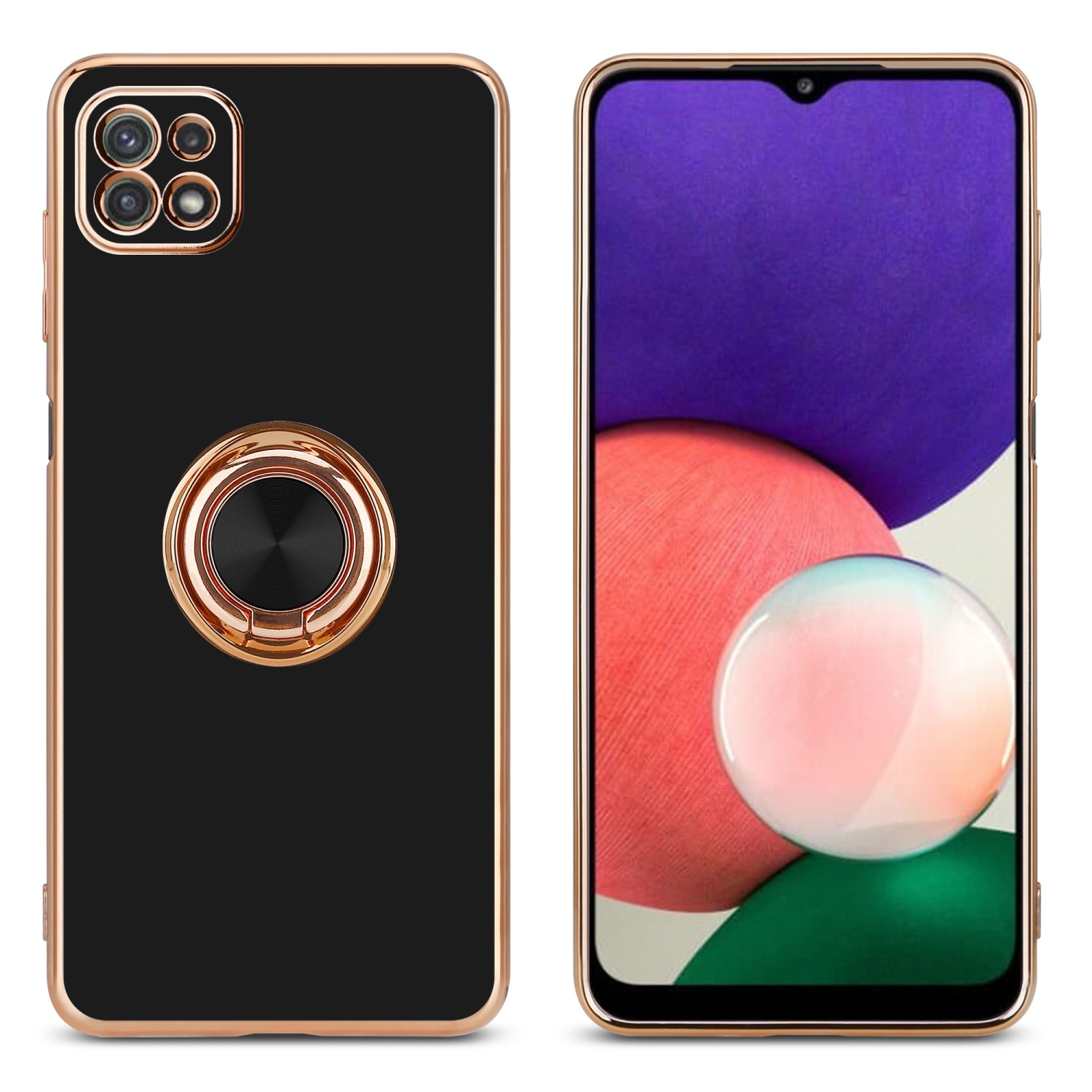 Una custodia nera con cornice e anello dorati. A destra, un telefono con display viola e bianco.