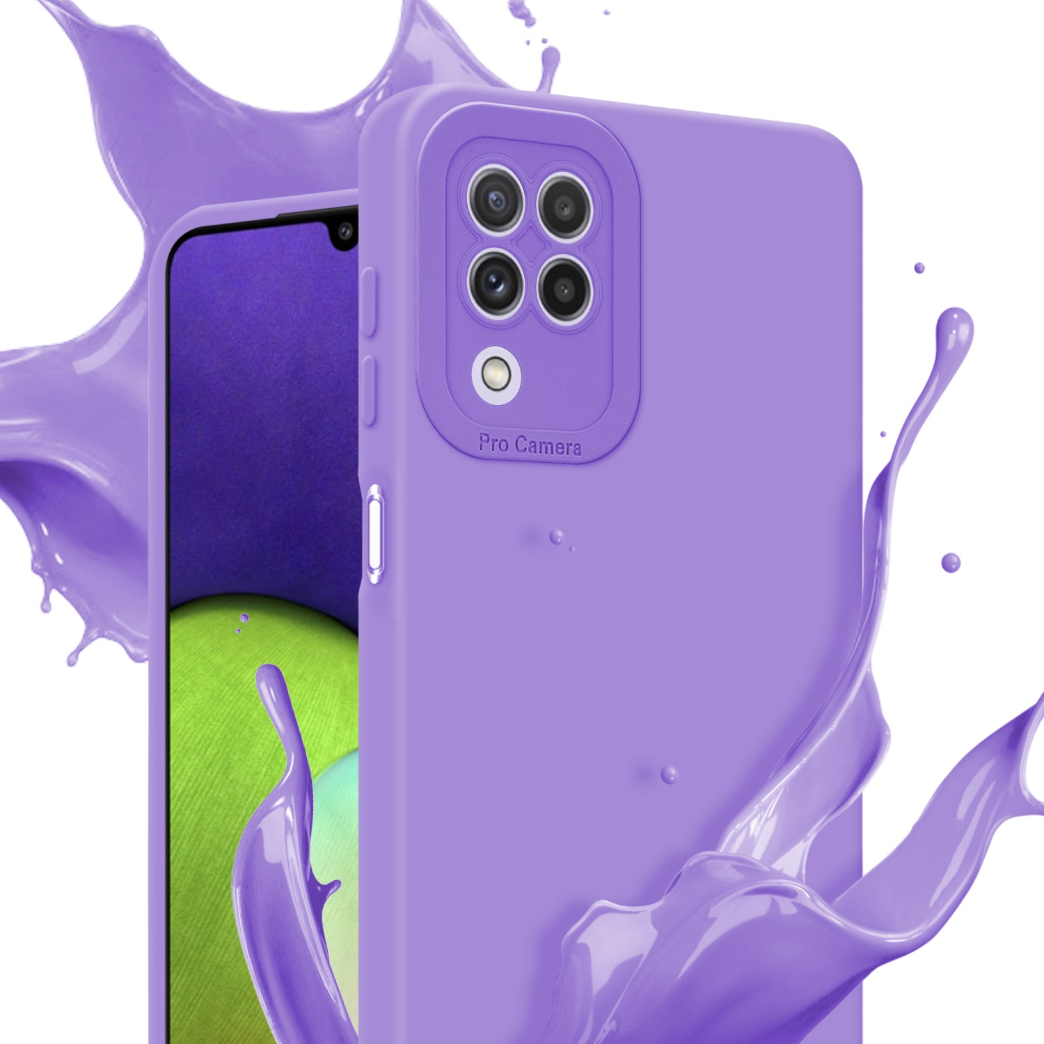 Custodia per telefono viola con effetto splash. Il telefono è nella custodia con la fotocamera visibile.