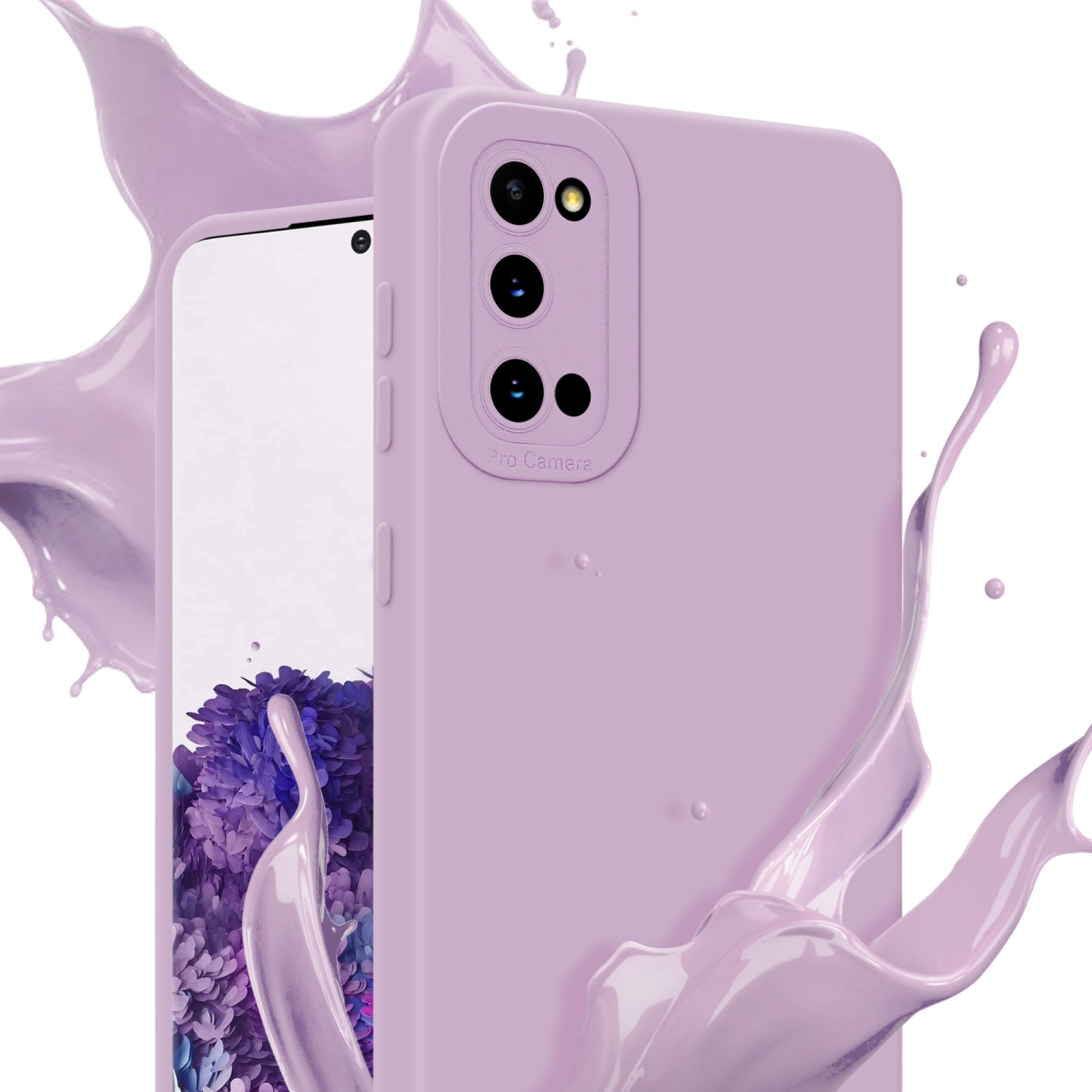 Custodia e telefono lilla con tre fotocamere. Schizzi di liquido rosa attorno al telefono.