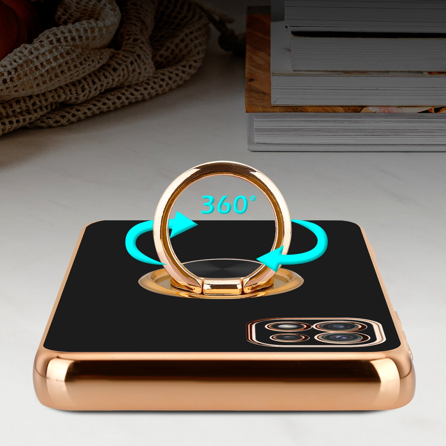 Telefono nero con anello dorato, frecce indicano rotazione di 360 gradi.