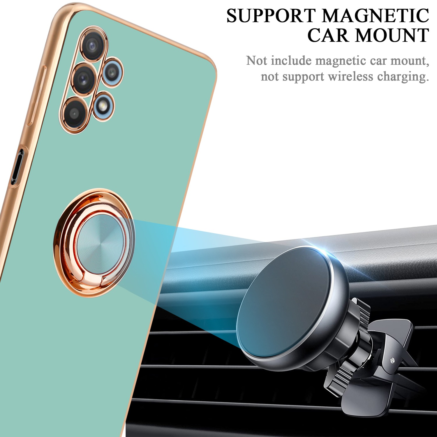 Una custodia verde per telefono con un supporto ad anello dorato, vicino a una presa d'aria per auto con un supporto magnetico.
