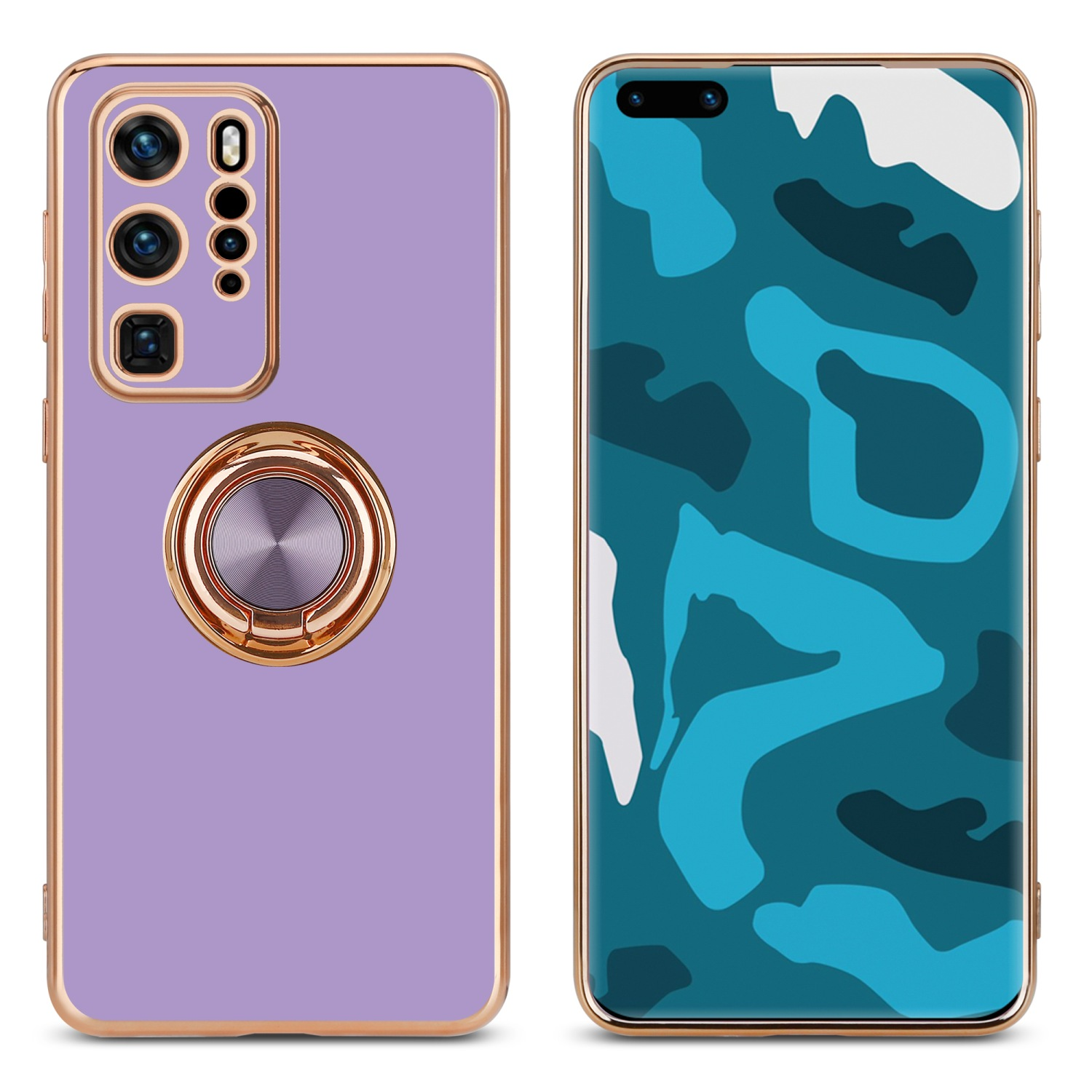 Deux coques de téléphone : une lavande avec anneau, l'autre avec un motif camouflage bleu.