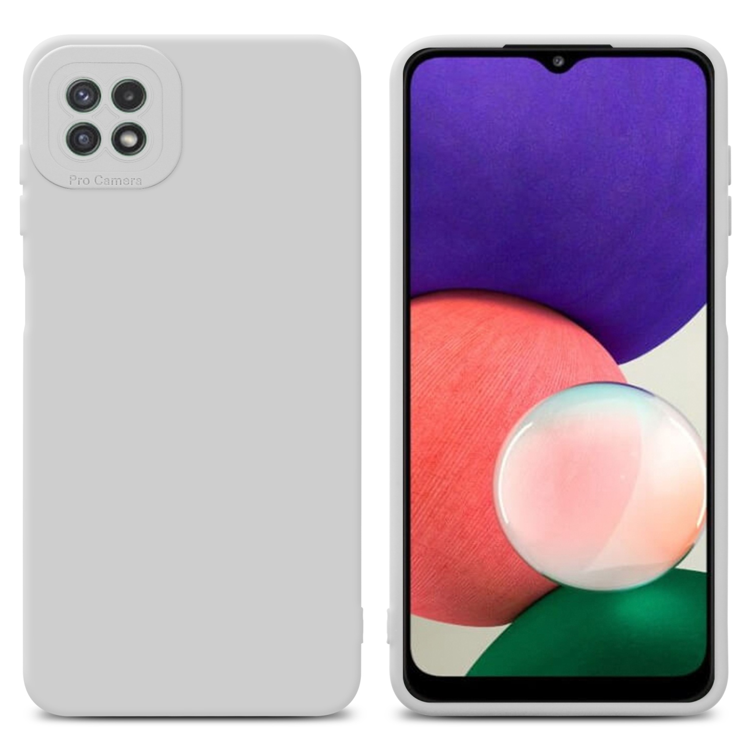 Una custodia bianca con un telefono all'interno, che mostra un design colorato.