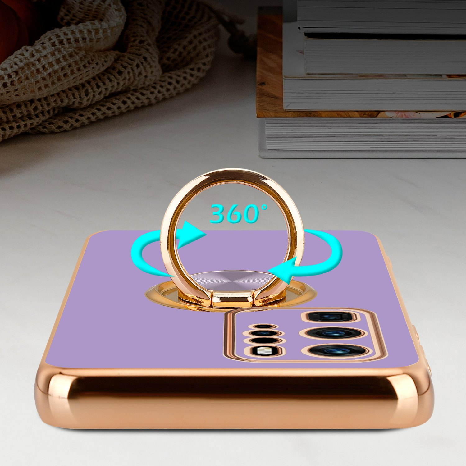 Coque de téléphone violette avec un anneau. L'anneau est tourné vers le haut. Les flèches indiquent 360 degrés.