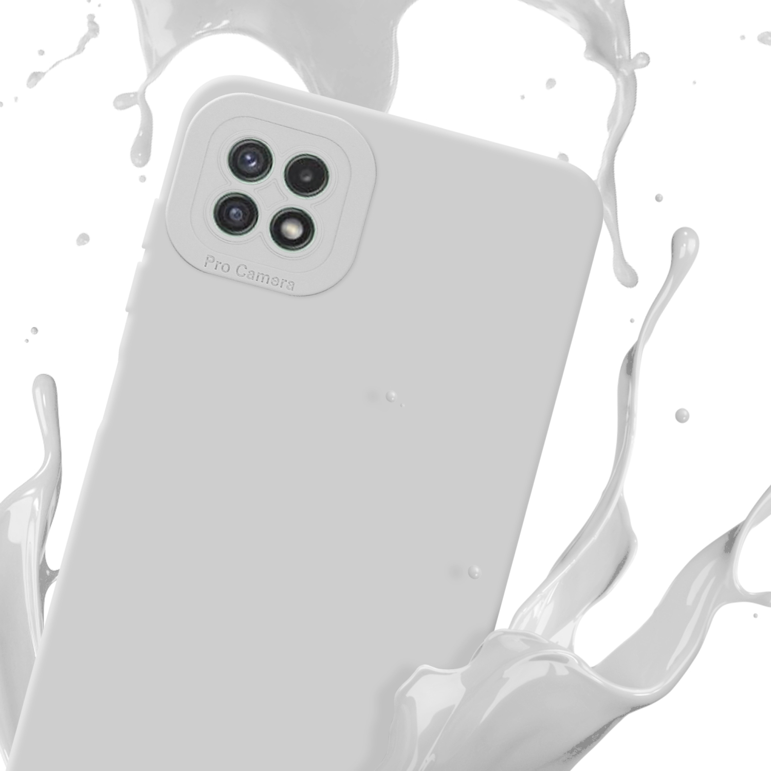 Custodia bianca per telefono con fotocamera, schizzo di liquido bianco.