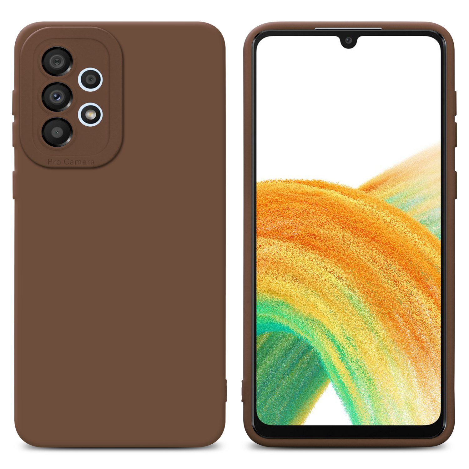 Custodia marrone e telefono. Il telefono mostra sfondo colorato. Pro Camera sulla custodia.
