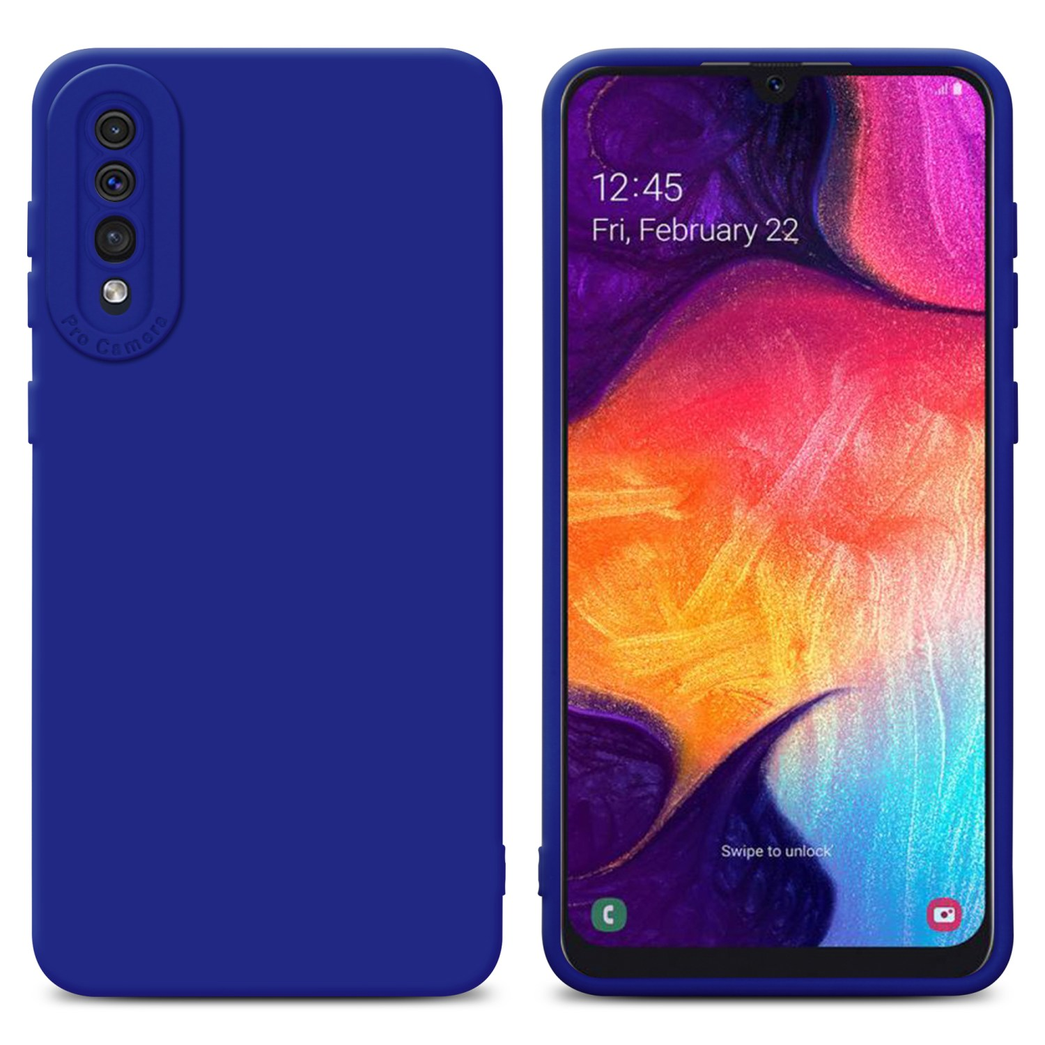 Blaue Handyhülle mit Dreifachkamera und Handybildschirm mit Datum und Uhrzeit.
