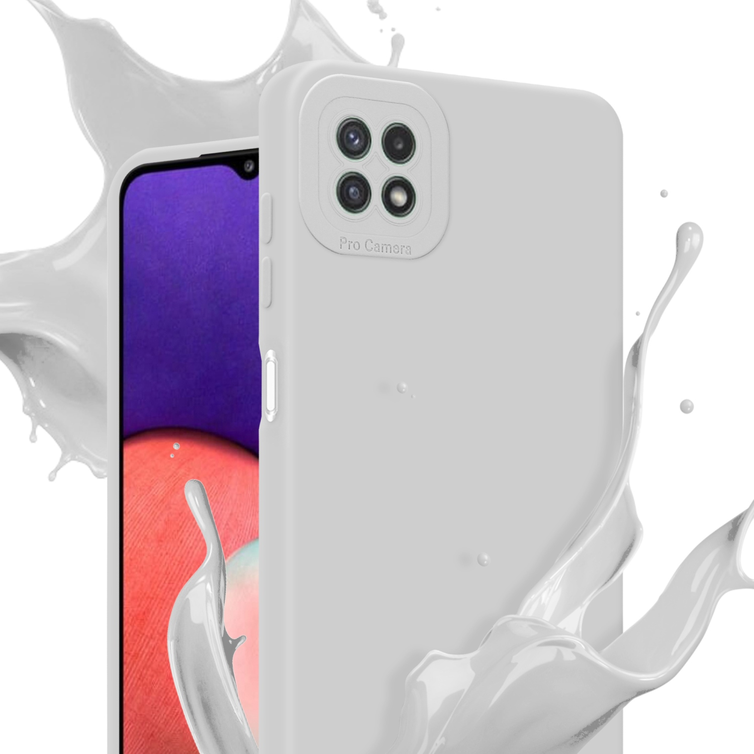 Due custodie per telefono con uno schizzo bianco. Il telefono a destra ha uno schermo viola.