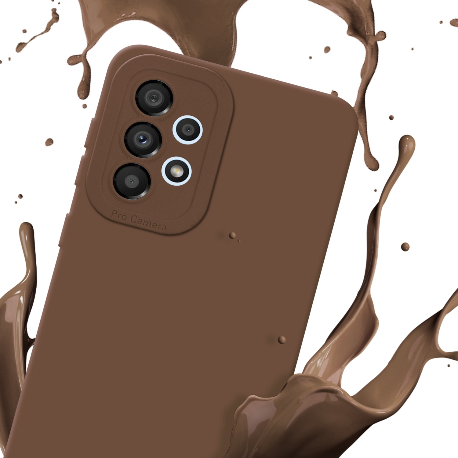 Custodia marrone con fotocamere su sfondo bianco con schizzi di cioccolato.