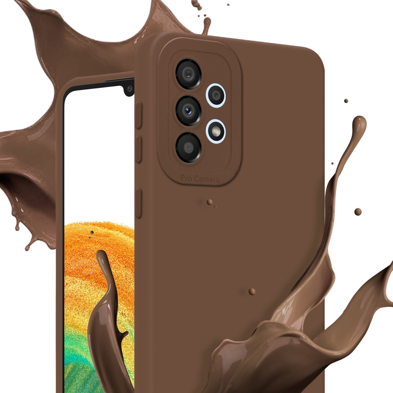 Custodia marrone con rilievo fotocamera, con effetti di spruzzi di cioccolato sullo sfondo.