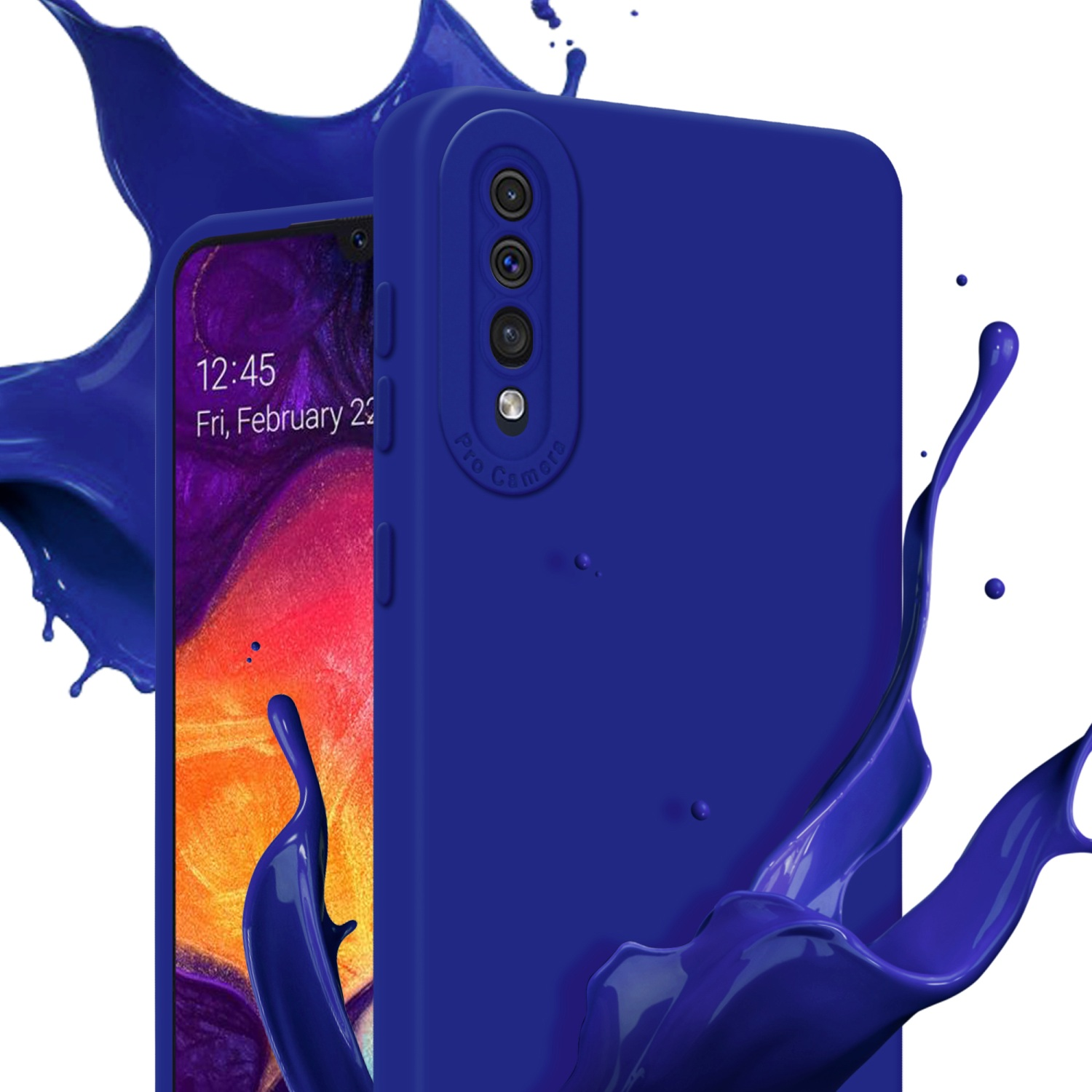 Blaue Handyhülle mit blauem Farbspritzer. Telefonkamera sichtbar. Das Datum ist Freitag, 22. Februar.